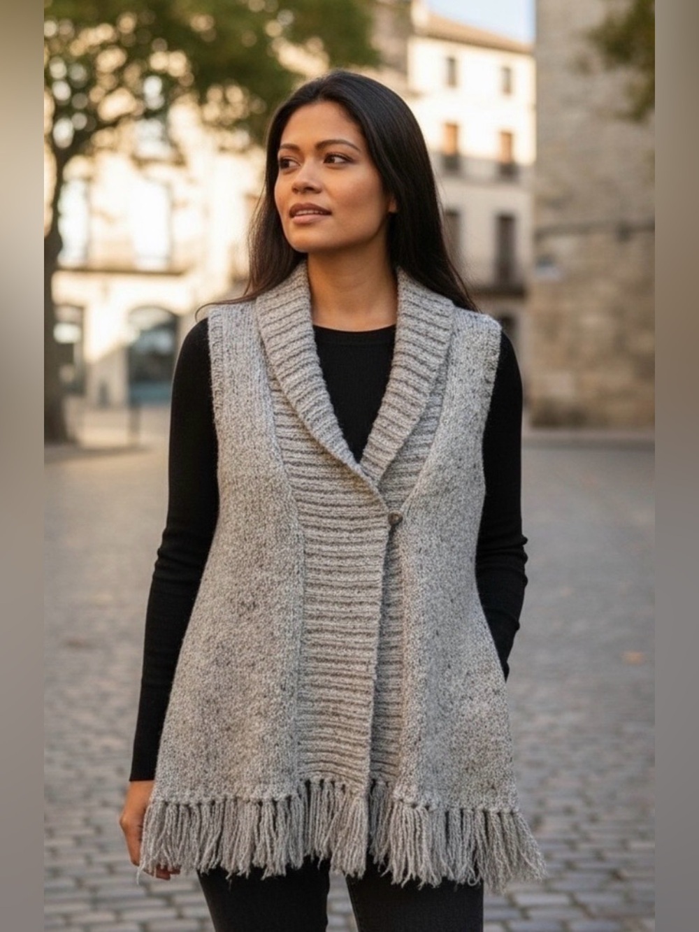 Charter Club Petite Gray Knit Fringe Vest Shawl Collar Button Front P/S